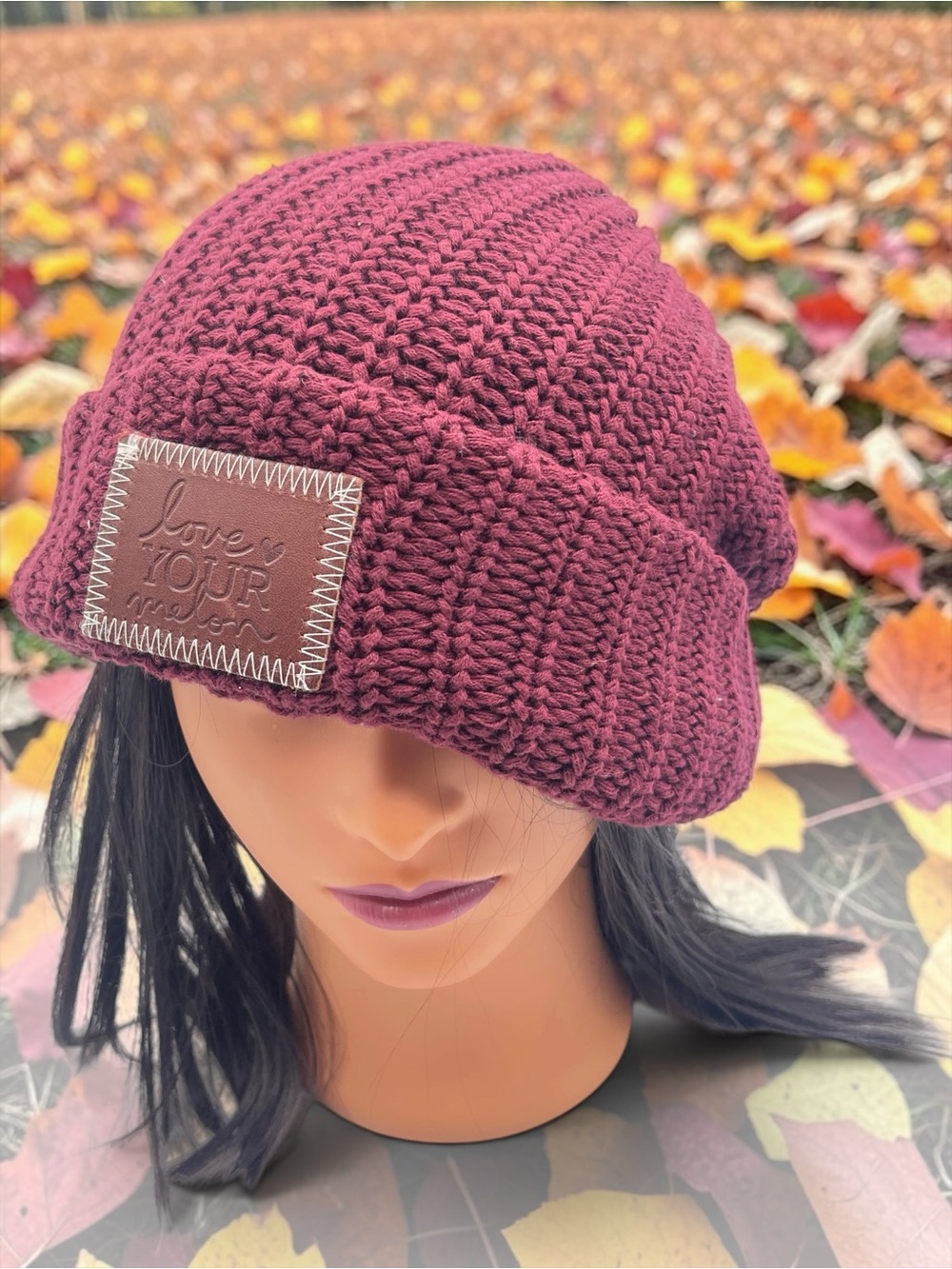 Love Your Melon Wine Knit Beanie with Leather Patch